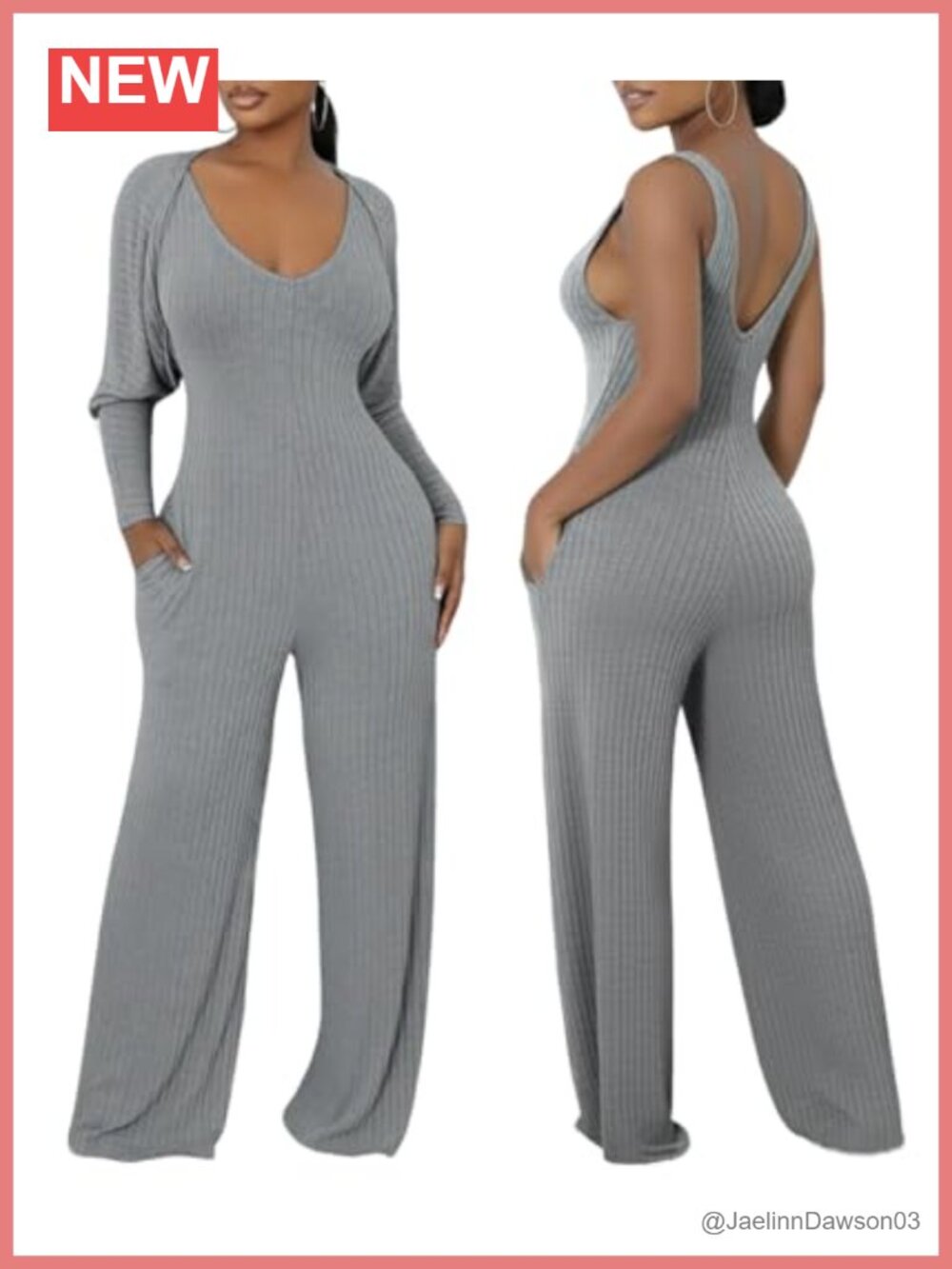 Ribbed 2 Piece Outfit Wide Leg V Neck Jumpsuit & Cardigan Set